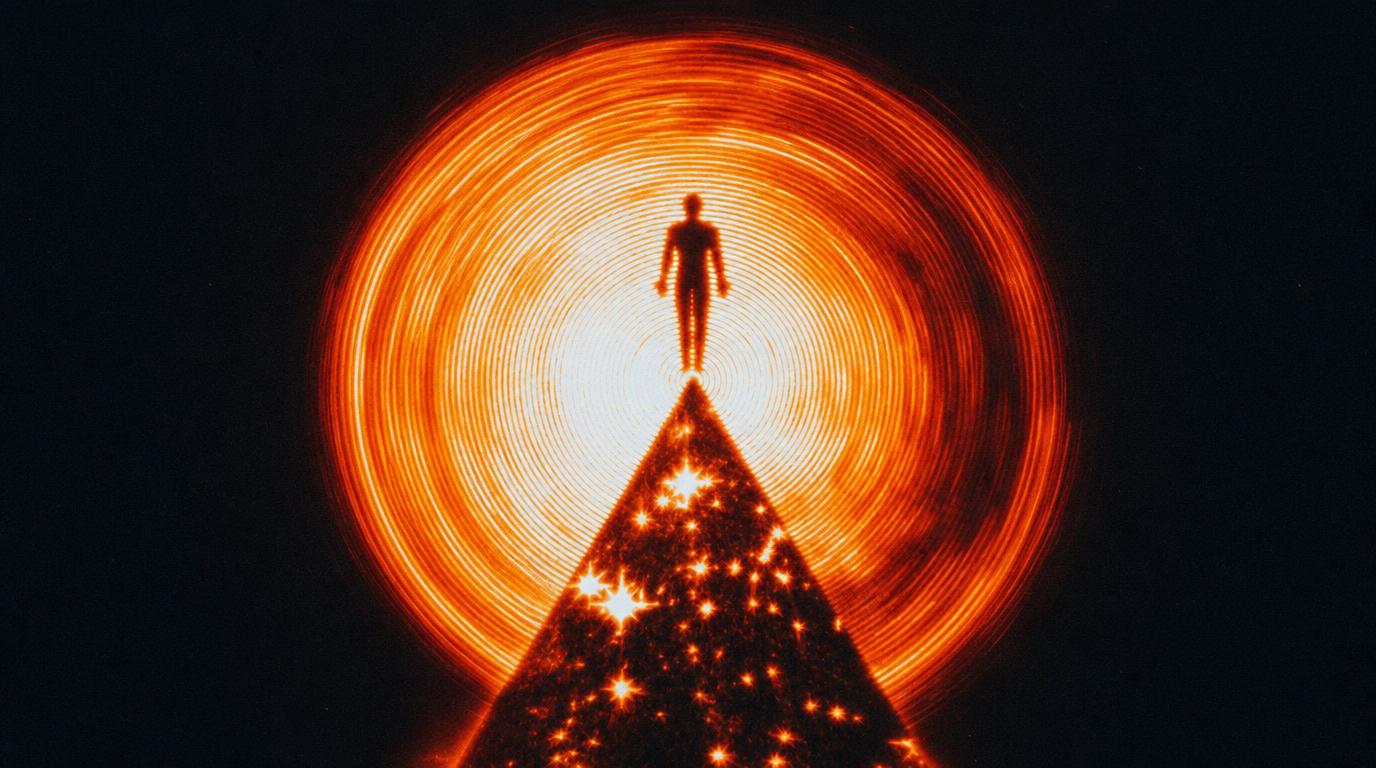 Figura humana ascendendo em espiral de energia laranja representando sustentação da transformação